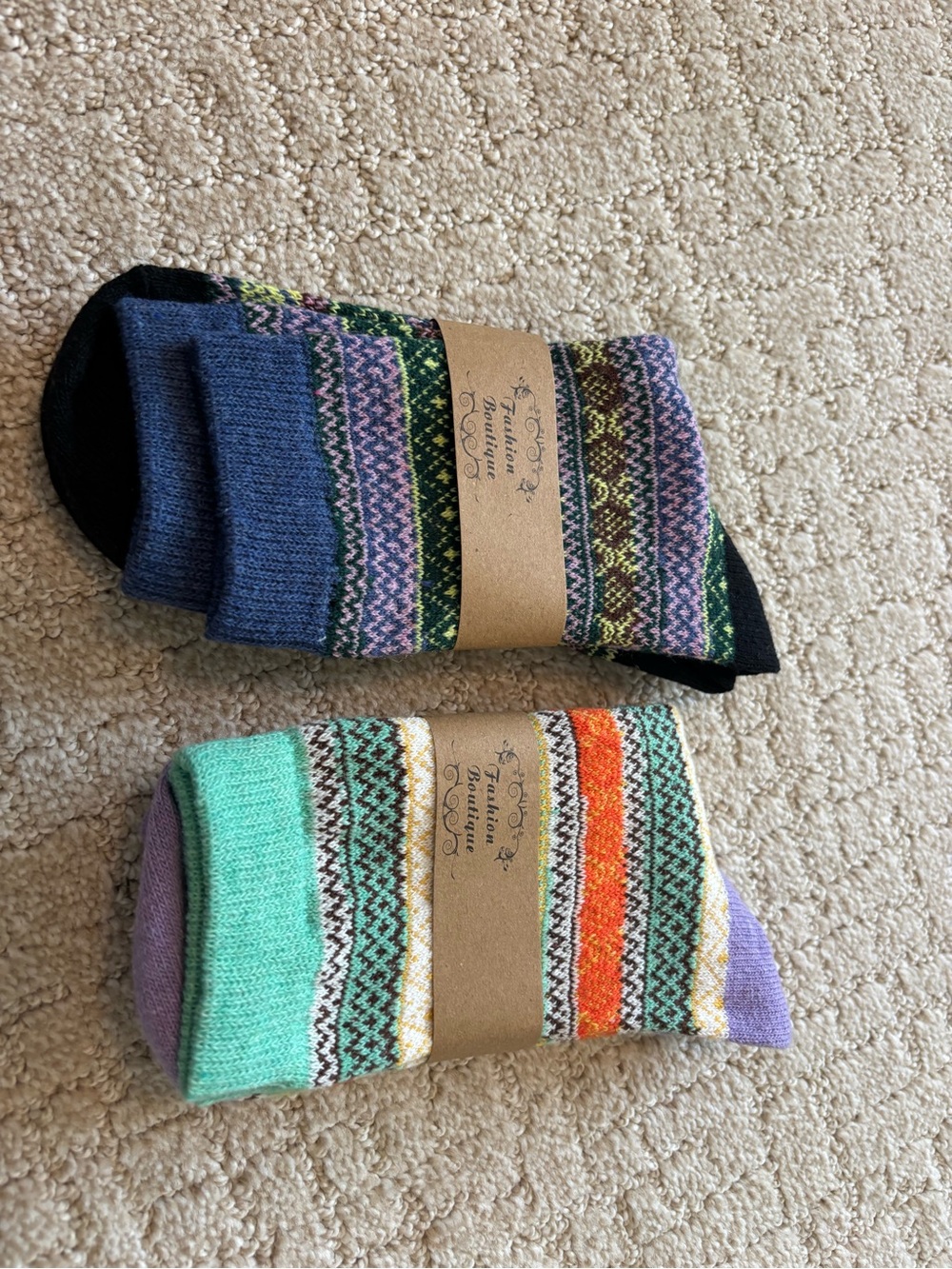Cozy Patterned Crew Socks - Mint & Navy Duo